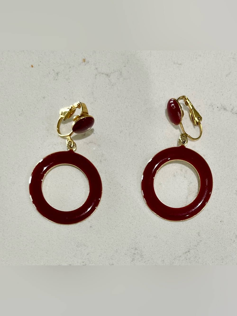 Vintage Red Enamel Hoop Clip Earrings Gold Tone Mod Retro